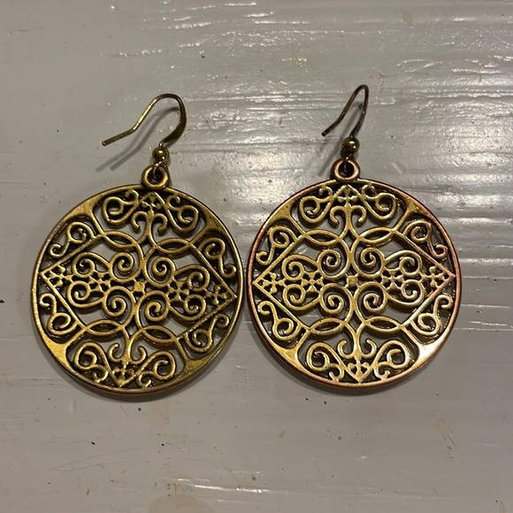 2” round solid brass filigree dangle drop earrings on wires - Picture 9 of 12